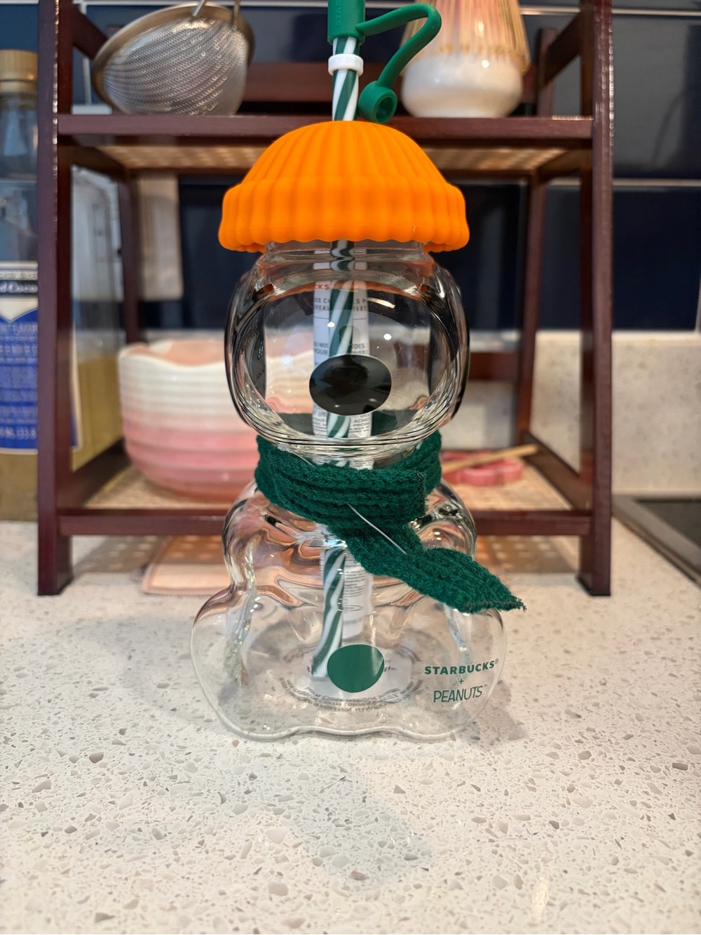 Starbucks Peanuts Snowman Glass Bottle with Orange Top and Green Scarf